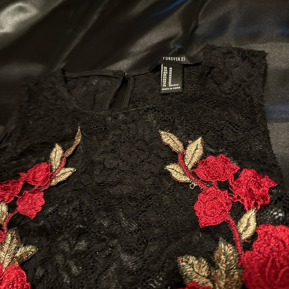 Forever 21 Black Lace Top with Red and Gold Embroidery